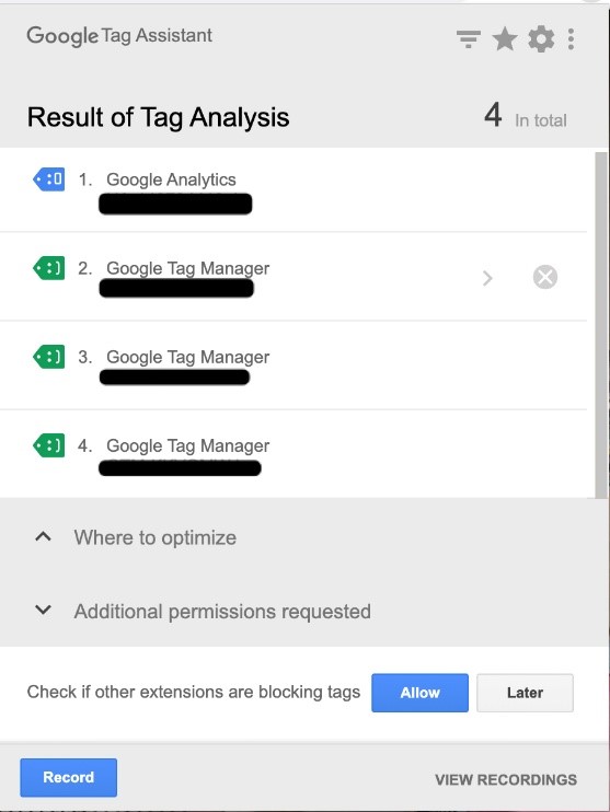 Tag Assistant plugin screen