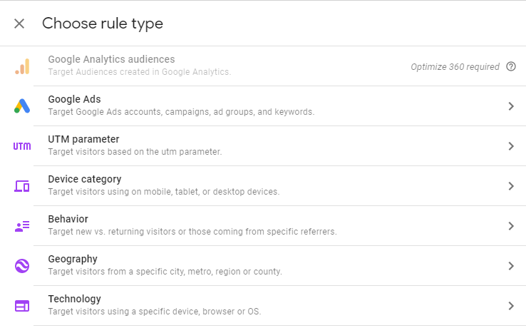 Optimize Audience Targeting rule screen