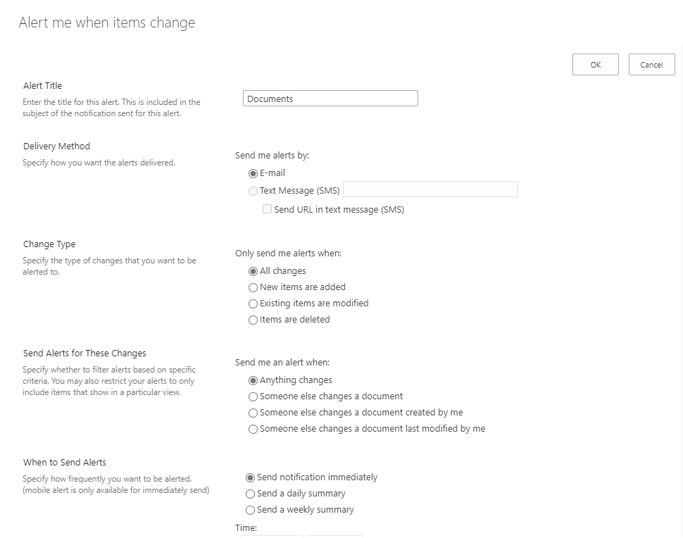 SharePoint Alert Settings Menu