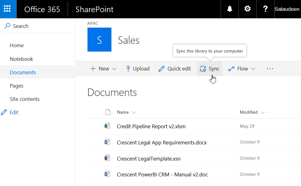 SharePoint OneDrive sync option